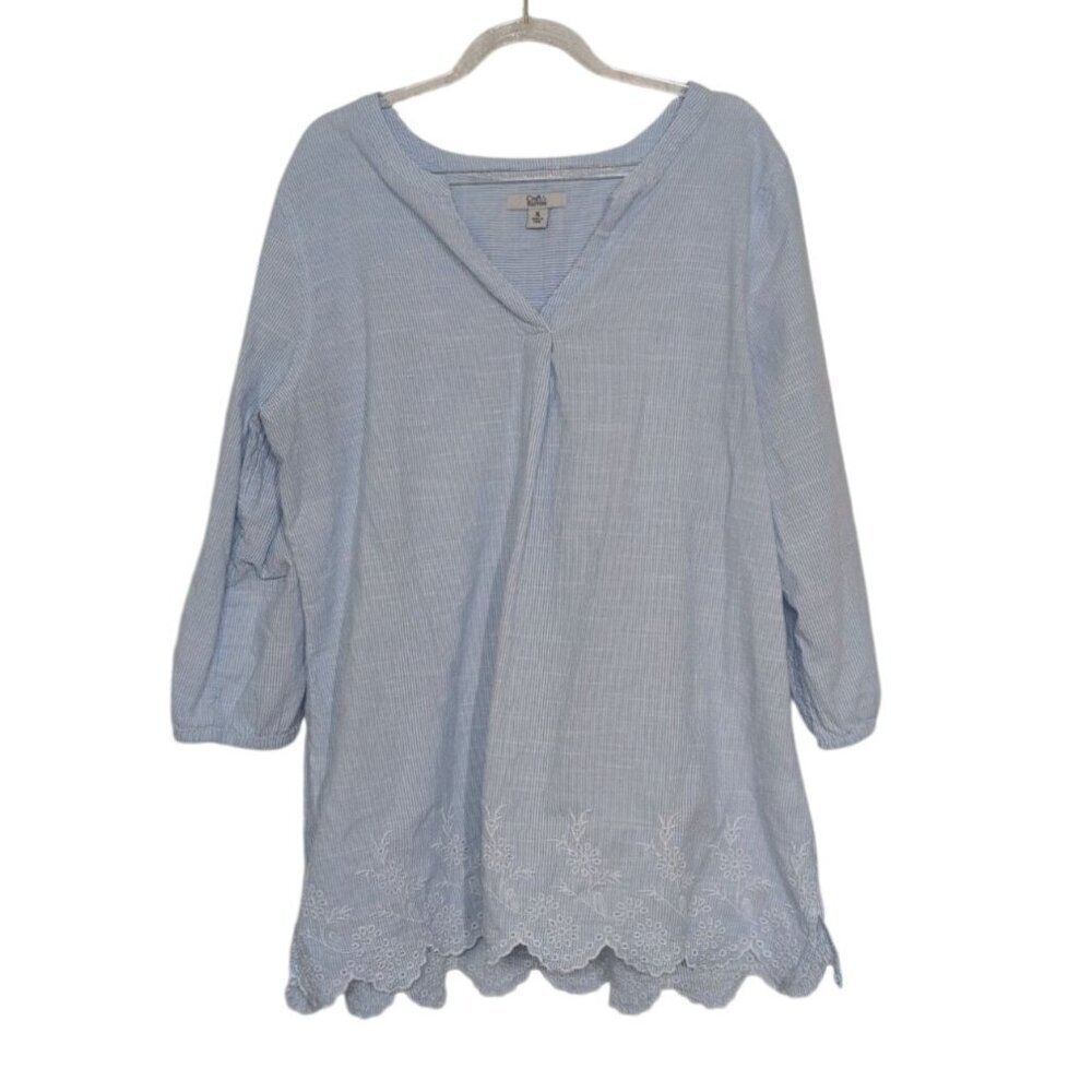 Croft & Barrow Embroidered Shirt Womens Size XL Blue Pinstripe Cotton V Neck